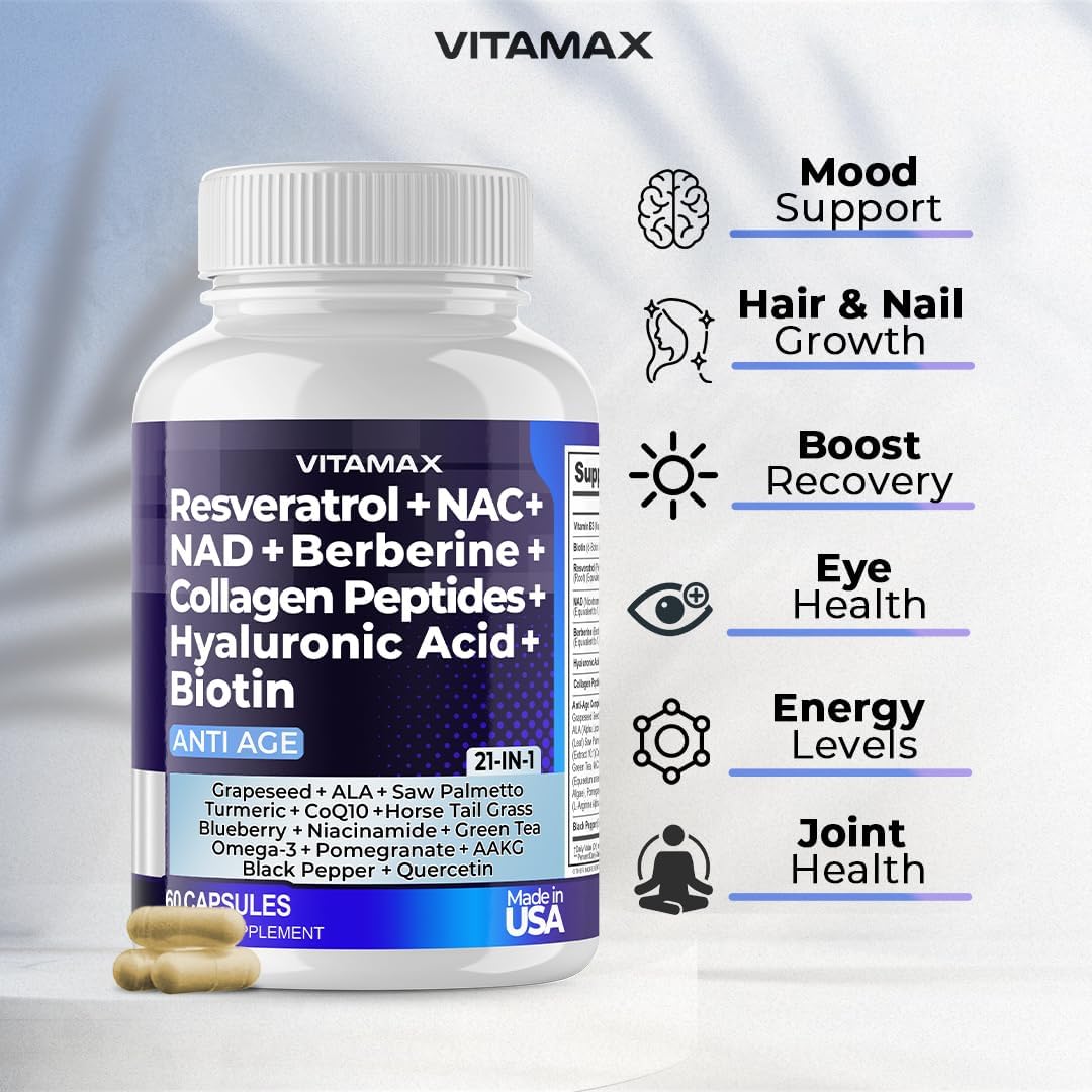 Resveratrol NAD+ Berberine Hyaluronic Acid - Biotin Grape & Blueberry + NAC - Collagen Peptides - Hair, Nail, Skin & Joint Supplement - 21-in-1 Women and Men - Made in USA - 120 Count