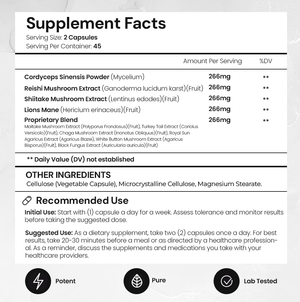 ACEWORKZ 10 Mushroom Complex Supplement - Lion’s Mane, Reishi, Cordyceps & More - Brain Health, Memory & Focus Nootropic - Energy & Immune Support (90 Capsules)