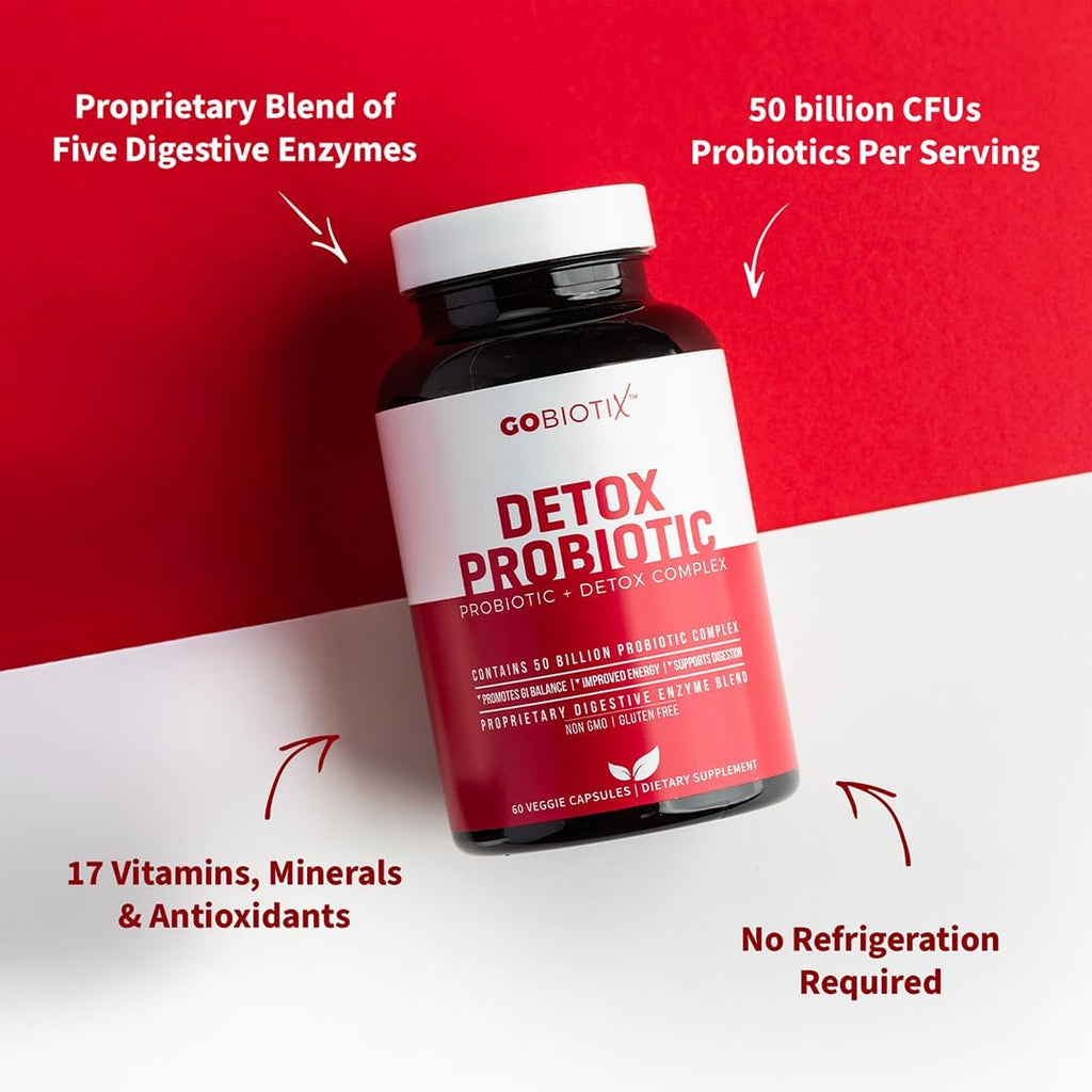 GOBIOTIX Detox Probiotic Supplement for Digestive Health - Milk Thistle, Turmeric, and Dandelion Root, Enzymes for Gut Health - 50 Billion CFU - 60 Capsules