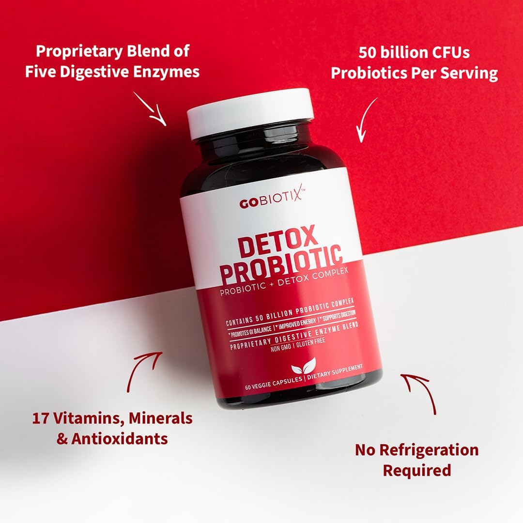GOBIOTIX Detox Probiotic Supplement for Digestive Health - Milk Thistle, Turmeric, and Dandelion Root, Enzymes for Gut Health - 50 Billion CFU - 60 Capsules