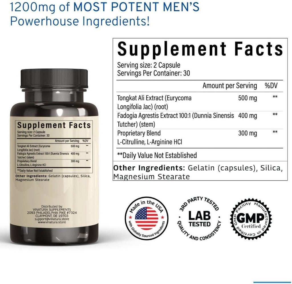 Tongkat Ali Fadogia Agrestis - 1200mg, Enhanced with Nitric Oxide Booster Supplement, Longjack Tongkat Ali for Men, *USA Made and Tested*, 60 Capsules