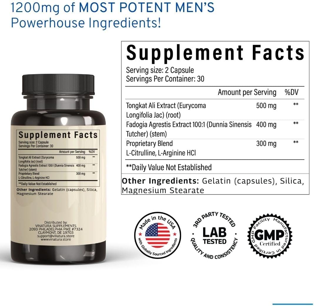 Tongkat Ali Fadogia Agrestis - 1200mg, Enhanced with Nitric Oxide Booster Supplement, Longjack Tongkat Ali for Men, *USA Made and Tested*, 60 Capsules