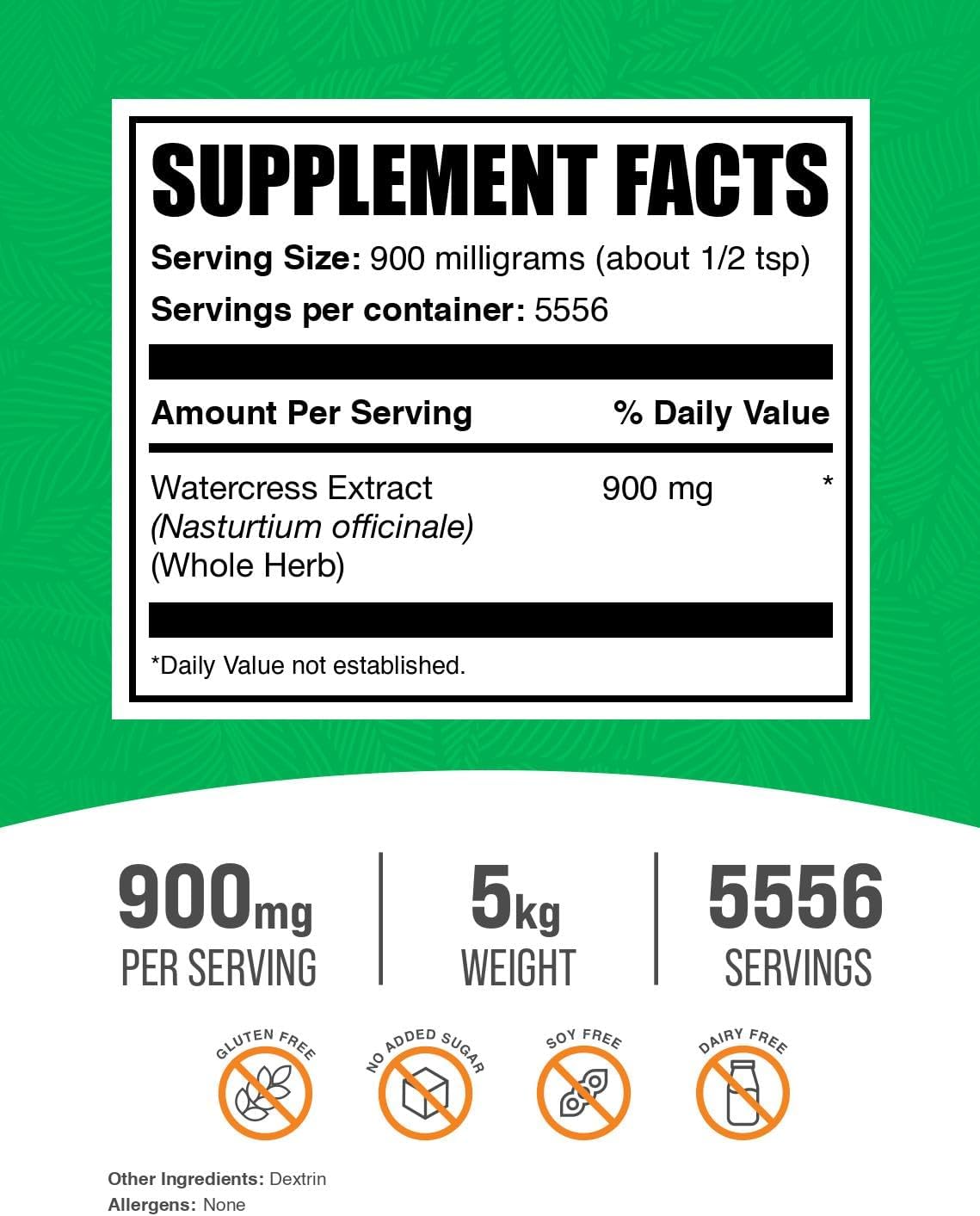 BulkSupplements.com Watercress Extract Powder - Nasturtium Officinale Extract, Watercress Powder - Gluten Free, 900mg per Serving, 1kg (2.2 Pound) (Pack of 5)