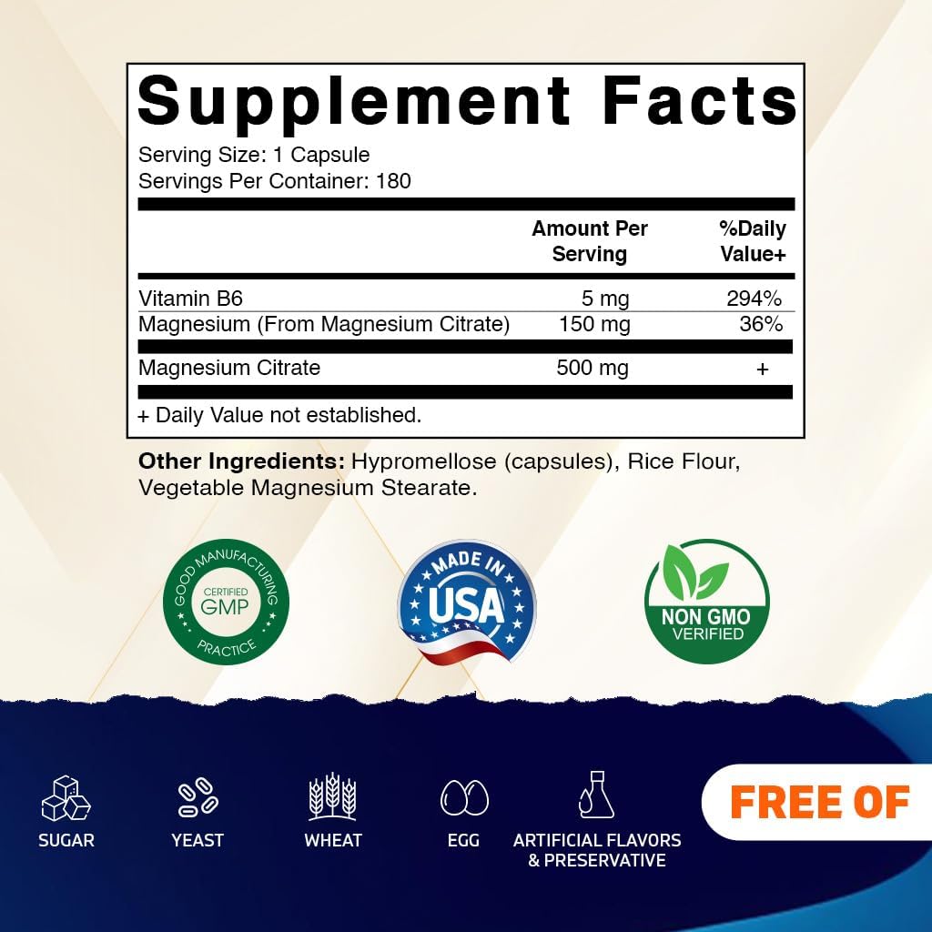 Vitamatic Magnesium Citrate 500mg per Serving - 180 Vegetarian Capsules (Provides 150 mg of Elemental Magnesium) - Added B6 for Maximum Absorption - Supports Muscle, Joint, and Heart Health*