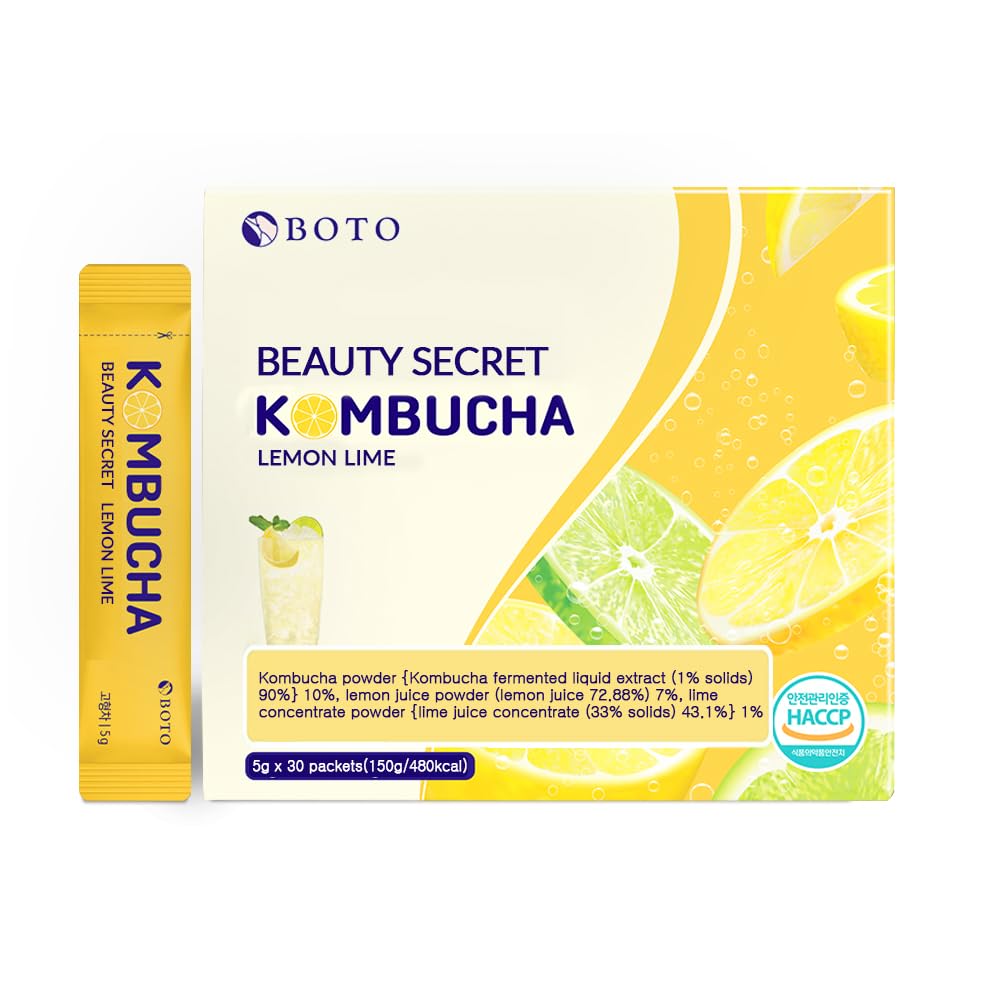 BOTO Kombucha Tea Organic Drink Sugar Free, Keto, Vegan, Low Calorie, Detoxifying Acids, Supports Gut Health, Non-GMO, Vegan, Gluten Free, Sparkling - Lemon Lime Tea - 30 of Pack