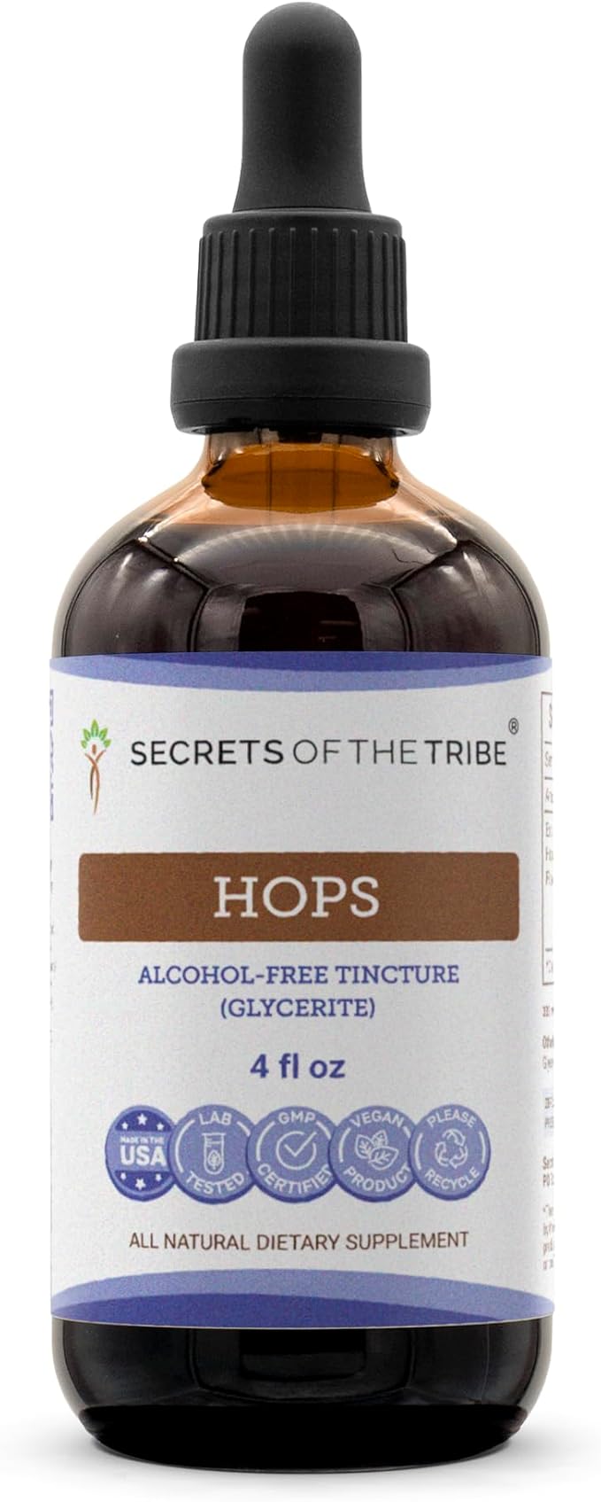 Secrets of the Tribe Hops Tincture Alcohol-Free Liquid Extract, Hops (Humulus Lupulus) Dried Flower (4 FL OZ)