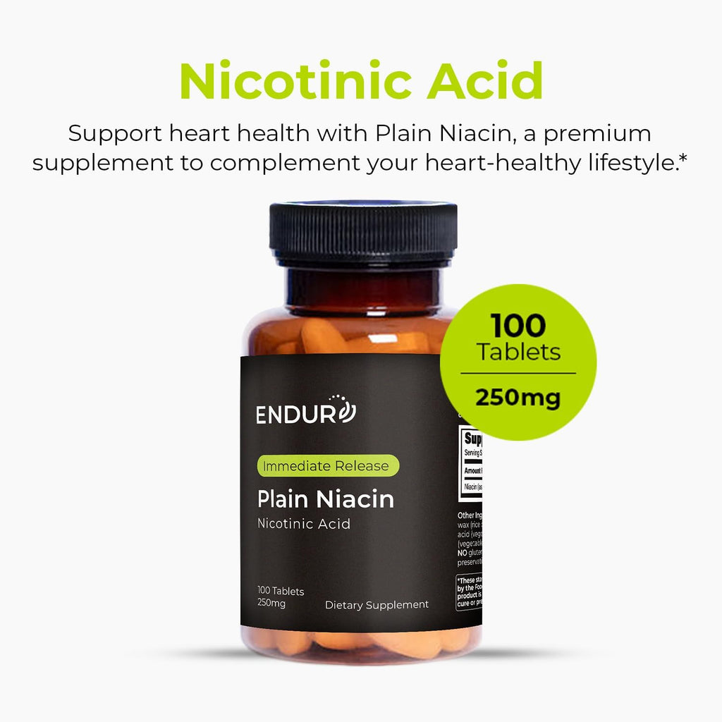 Endur Plain Niacin (Nicotinic Acid), Heart Health & Healthy Cholesterol Balance Supplement, Immediate-Release Formula, Gluten Free, 250mg (100 Tablets)