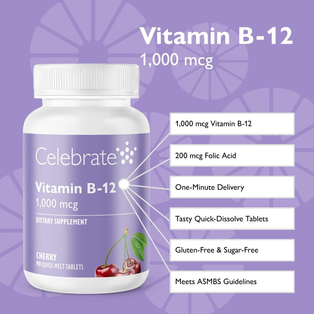 Celebrate Vitamins Vitamin B-12 Quick Melt Tablets, Cherry, 1000 mcg with Folic Acid, 90 Count