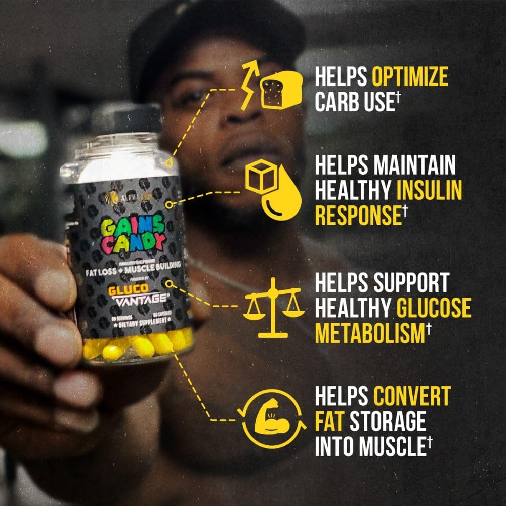 ALPHA LION Gains Candy, Supplement Pills That Support Weight Loss, Muscle Building, Decrease Body Fat, Upgrade Energy & Workout Performance, 60 Capsules (DHB Berberine-GlucoVantage®)