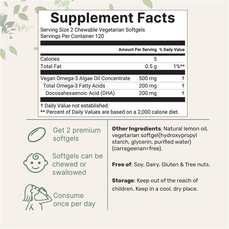 Omega-3 for Kids, 240 Chewable Veggie Softgels | Vegan Omega-3 from Algae Oil + 200mg DHA | Lemon Flavored | Fish Oil Supplements Alternative | Brain, Heart, & Immune Support | No Fishy Smell or Burps