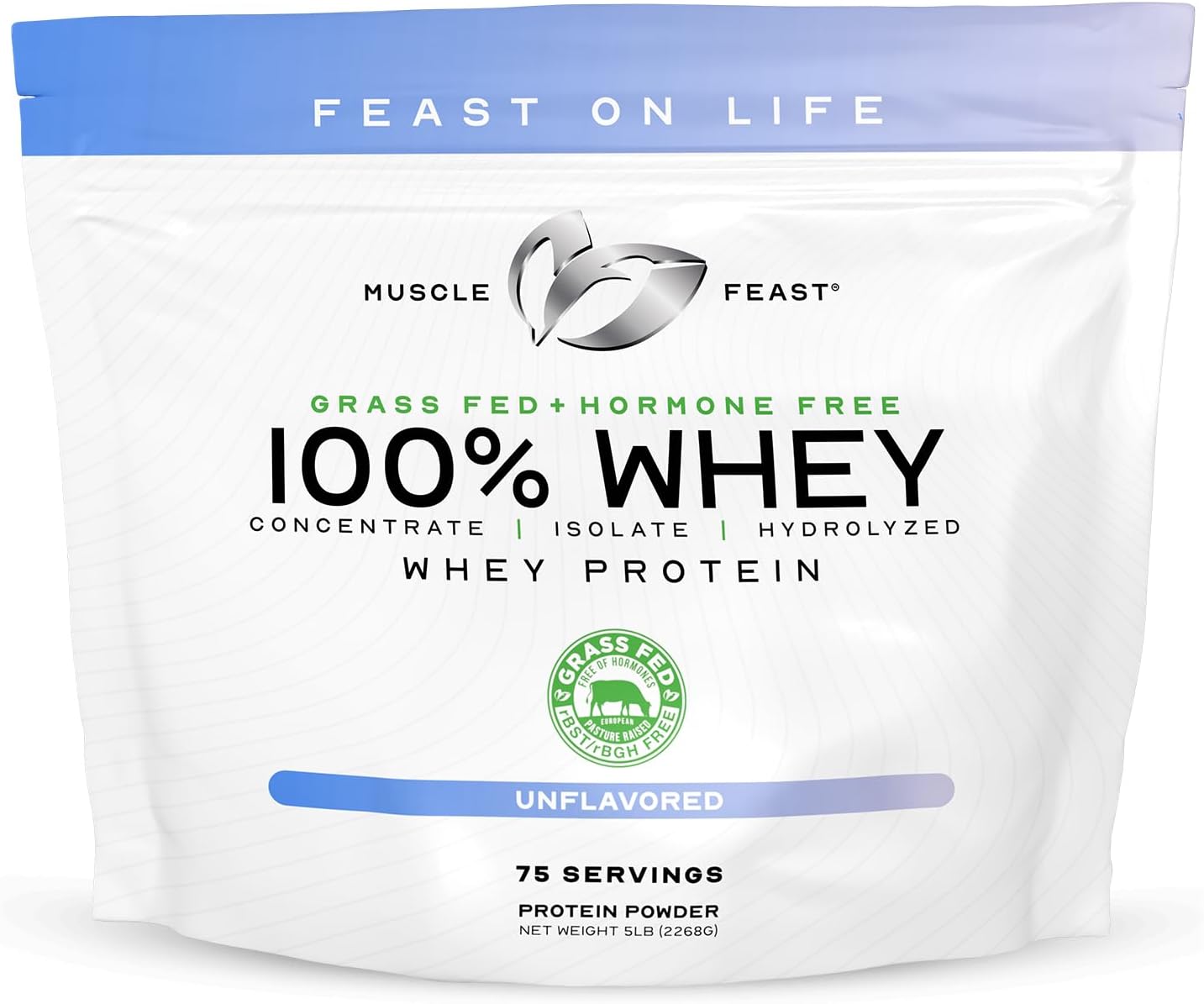 Muscle Feast 100% Grass Fed Whey Protein Powder, All Natural Hormone Free Paure Raised Whey Protein Powder for Women & Men- Whey Concentrate, Isolate & Hydrolyzed Protein Powder Blend- Unflavored, 5lb