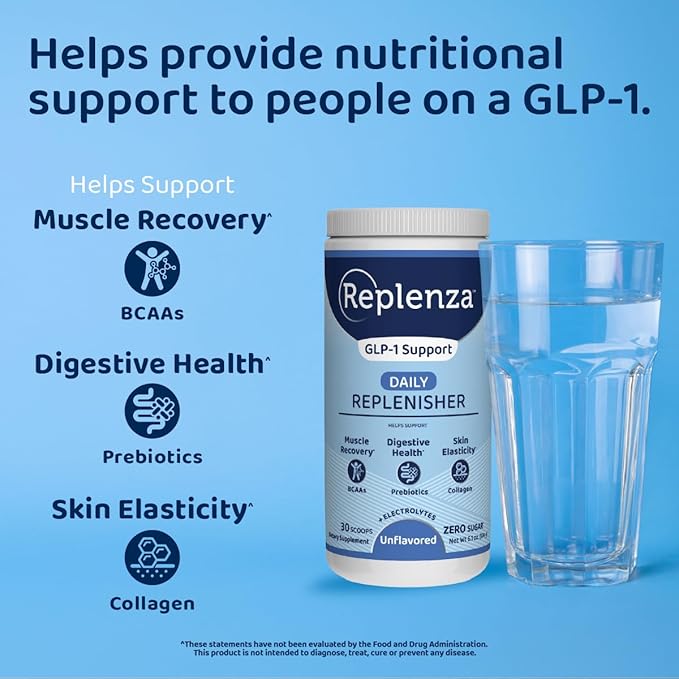 Replenza Daily Replenisher Nutritional Support Powder – Muscle Recovery, Digestive Health & Skin Elasticity Mix of Amino Acids, Prebiotics and Collagen Peptides – Unflavored, 30 Scoops