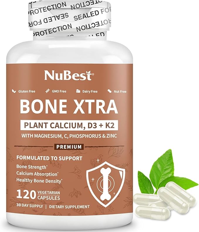NuBest Bone Xtra - Plant Based Bone Strength, Strontium Boost with Strontium Citrate, Calcium, Magnesium from Marine Algae, Phosphorus, Vitamin C, K2, D3 | Maximum Calcium Absorption | 1 Month Supply