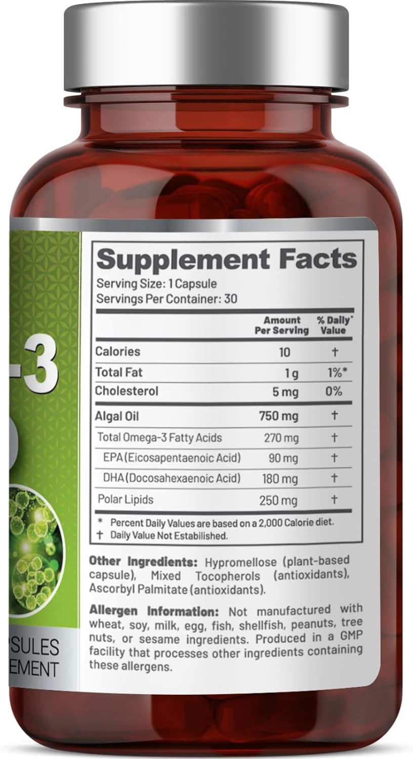 Vegan Omega 3 from Algae Oil – Plant-Based, Unconcentrated EPA & DHA with Naturally Occurring Polar Lipids – Fish & Krill Oil Alternative – Carrageenan-Free, Non-GMO, 30 Vegan Capsules