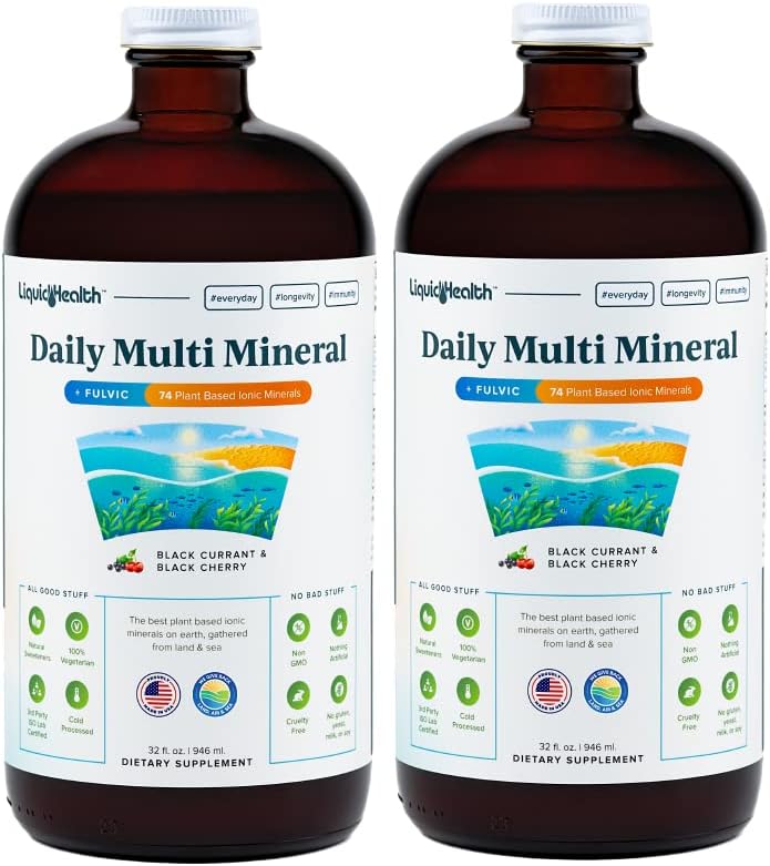 LIQUIDHEALTH Daily Multi Mineral Liquid Supplement with Fulvic Acid, Plant Based Ionic Aquamin Sea Trace Ocean Minerals - Immune Support, Energy, Gut Health, Detox - Made in USA, Vegetarian (2 Pack)