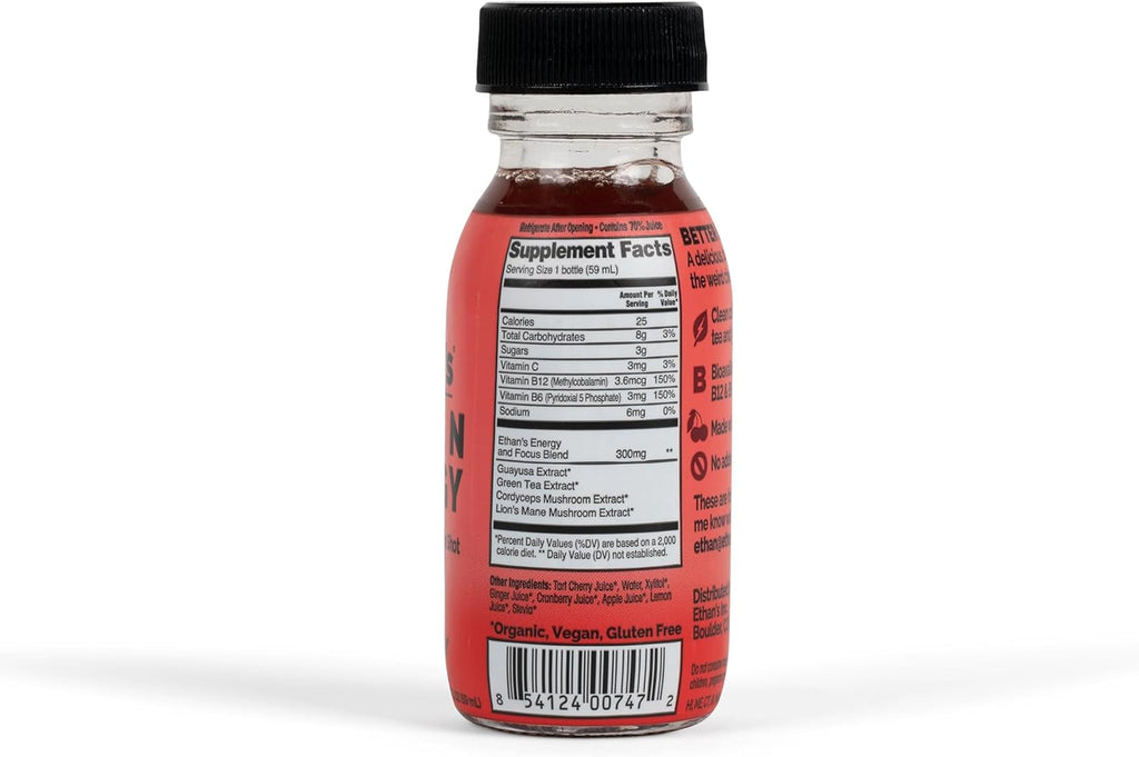 Ethan's Organic Clean Energy Shots Tart Cherry, Sugar Free Natural Pre-Workout Focus Boost, Gluten Free, Vegan, B6 & B12 Vitamin C with Green Tea Extract and Guayusa (2 Pack of 2oz Shots)