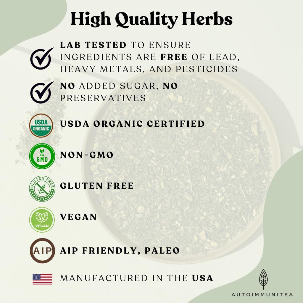 AutoimmuniTea – Soothing Tea Bags for Allergy Relief and Sinus Relief, Organic, Caffeine Free and USDA Certified, Blend of Lemon Balm, Ginger, Nettle, and Licorice, AIP Friendly