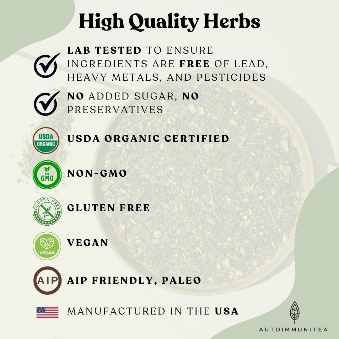 AutoimmuniTea – Soothing Tea Bags for Allergy Relief and Sinus Relief, Organic, Caffeine Free and USDA Certified, Blend of Lemon Balm, Ginger, Nettle, and Licorice, AIP Friendly
