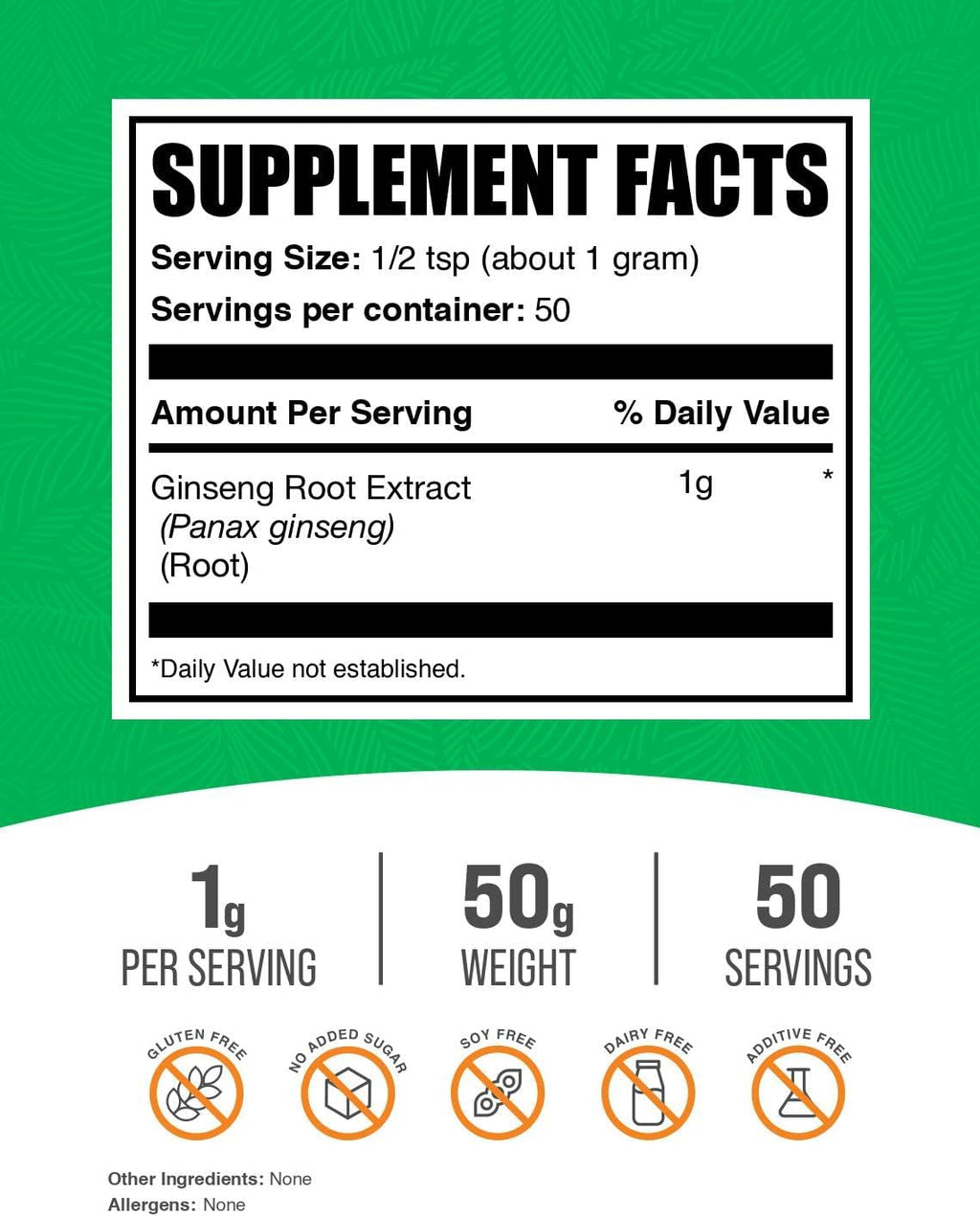 BulkSupplements.com Ginseng Root Extract Powder - Panax Ginseng Supplement, Herbal Supplement - Vegan & Gluten Free, 1g per Serving, 50g (1.76 oz) (Pack of 1)