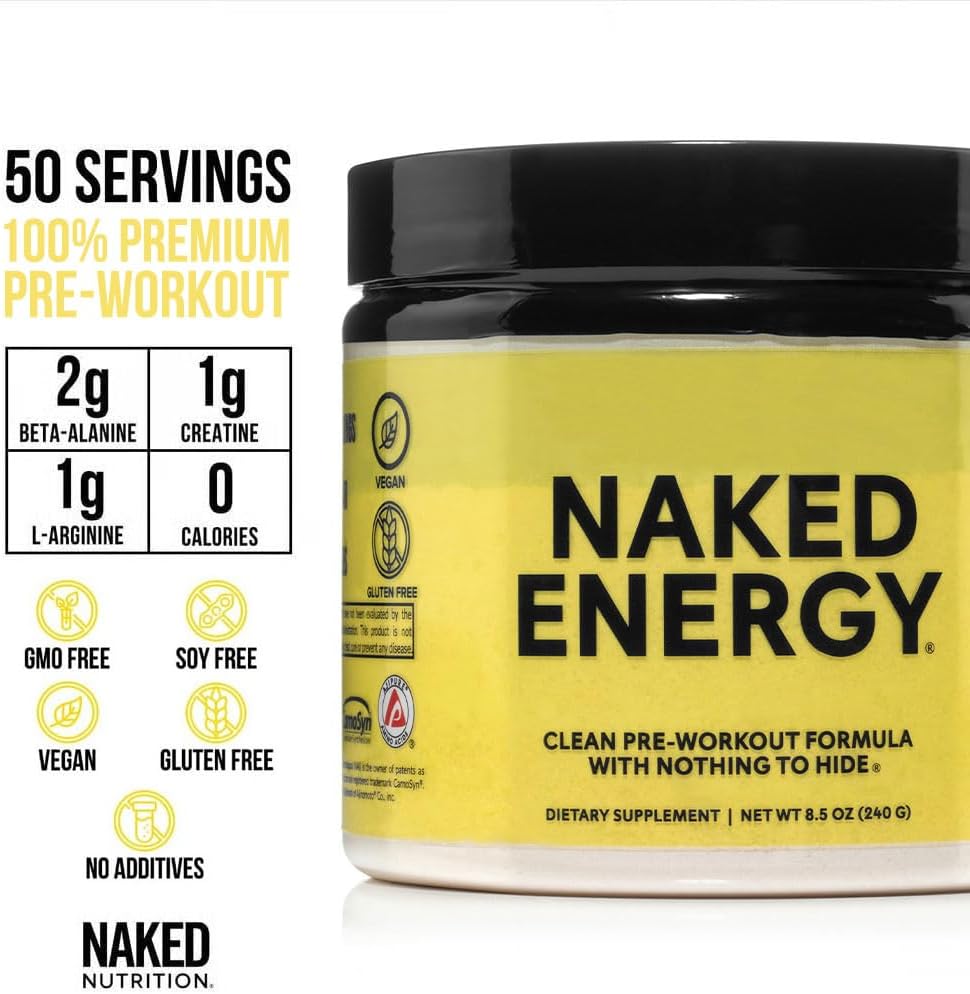 NAKED Energy - Pure Pre Workout Powder for Men and Women, Vegan, Unflavored, Healthy Pre Workout - No Added Sweeteners, Colors Or Flavors - 50 Servings