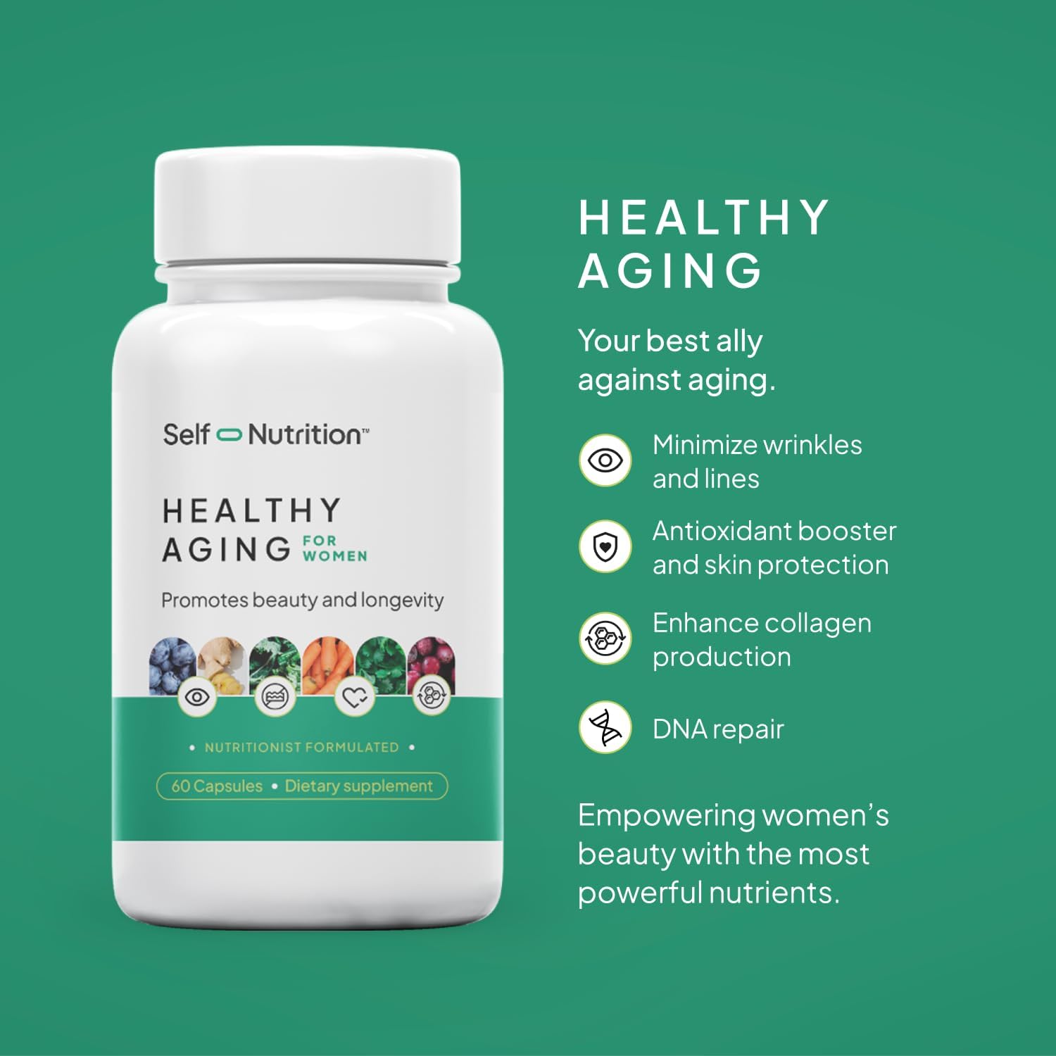 Healthy Aging Supplement for Women - NAD+, Resveratrol, Collagen Booster, Biotin, Hyaluronic Acid & More. Cellular Energy, Healthy Aging, Skin Support - USA, Vegan, 60 Capsules.