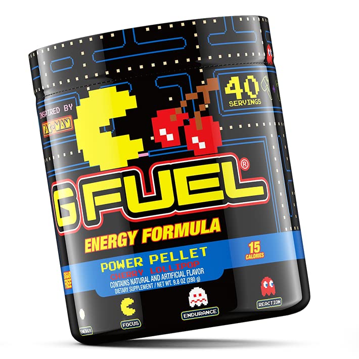 G Fuel Pac-Man Energy Drink Powder, Pre Workout Caffeine Mix for Gaming, Sugar Free Focus Amino, Vitamin + Antioxidants, 9.8oz (Cherry Lollipop, 40 Servings)