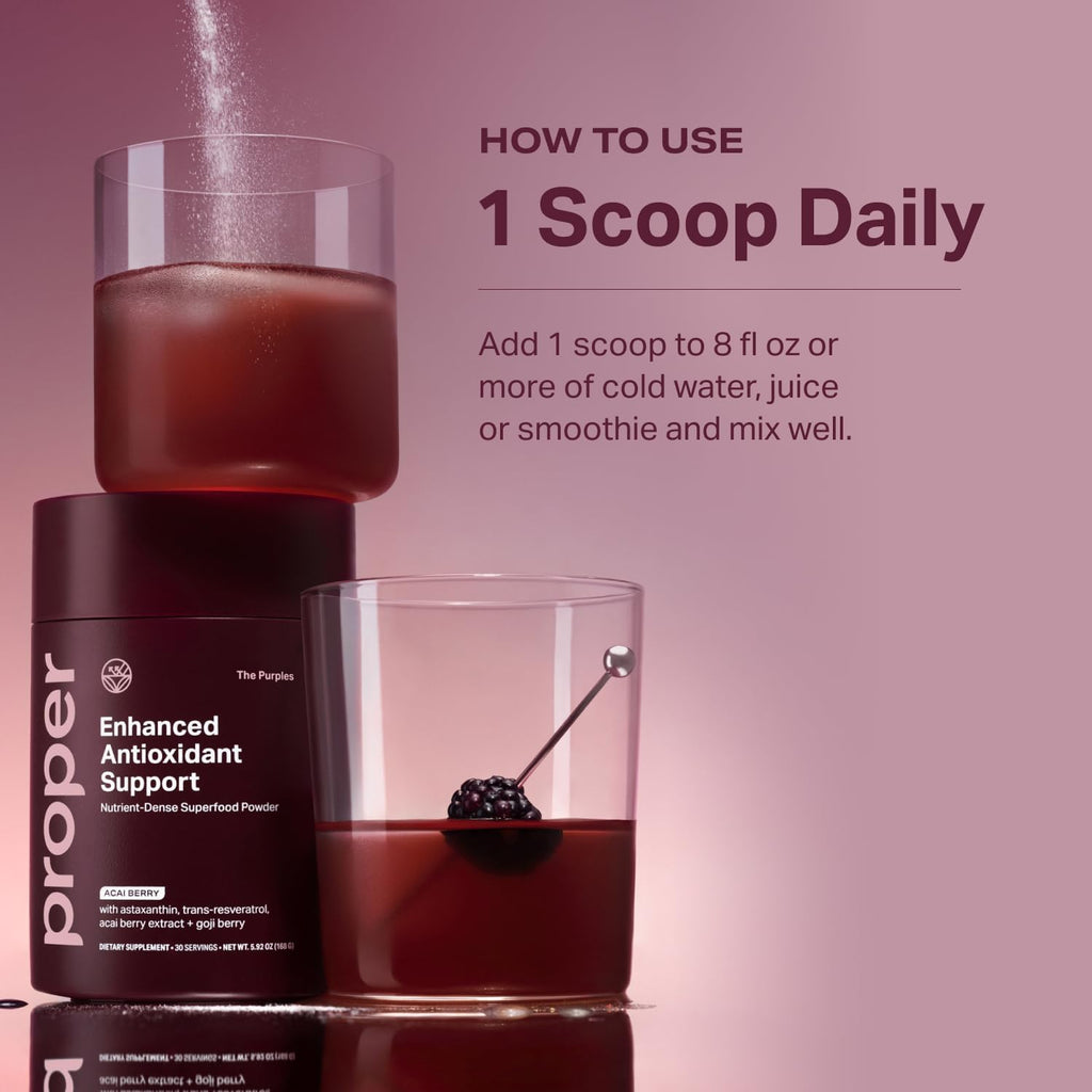 Proper, The Purples Nutrient-Dense Superfood Powder - Antioxidant Supplement and Cellular Support – Acai, Amla, Blueberry, Vitamin C, B Vitamins & More - Enhanced with Prebiotic Fiber & Probiotics