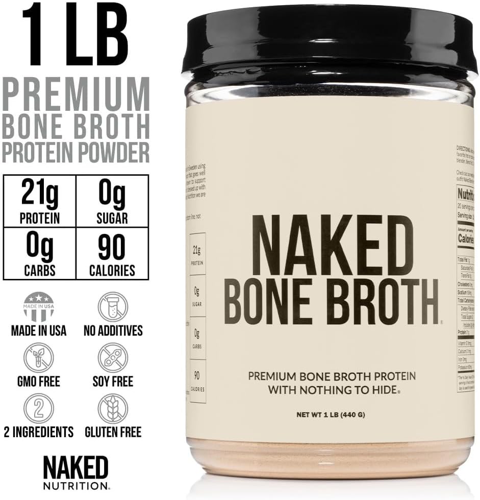 NAKED Bone Broth - Beef Bone Broth Protein Powder - 21G Protein - Gut Health and Joint Supplement - Unflavored - No GMO, Gluten-Free, Soy Free - 1LB
