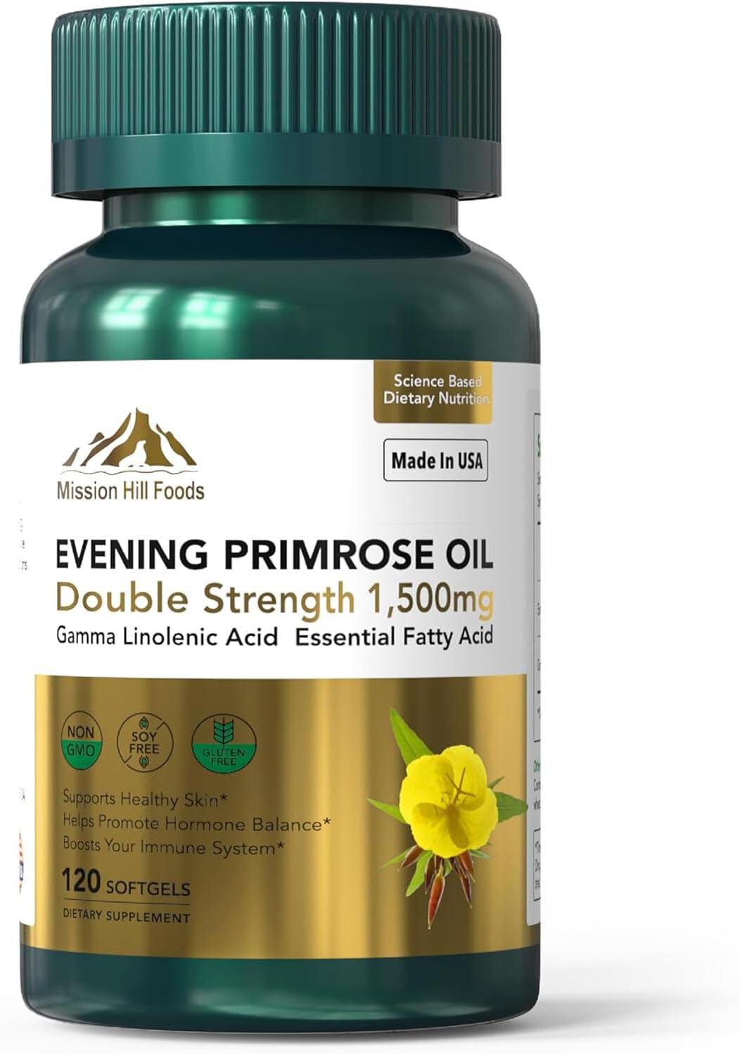 Evening Primrose Oil (1500mg) | High GLA for Hormonal Balance & Skin Health (1 Bottle-120 Softgels-2mo Supply) | Non-GMO, Gluten-Free