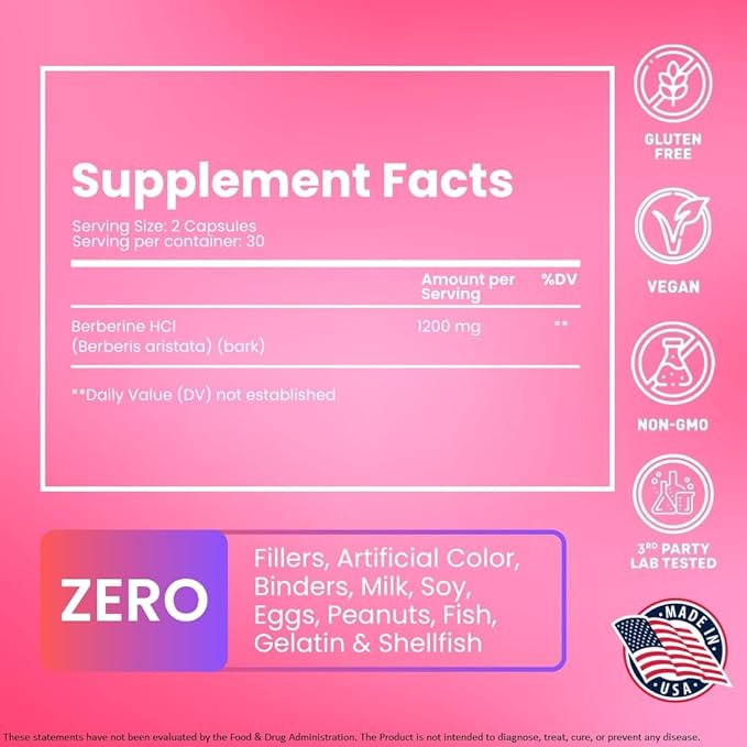 Berberine HCl 1200mg – High Potency Supplement for Blood Sugar, Insulin & Weight Management – Non-GMO, Gluten-Free, Vegan Capsules – Heart & Metabolism Support, Made in USA – 60 Count