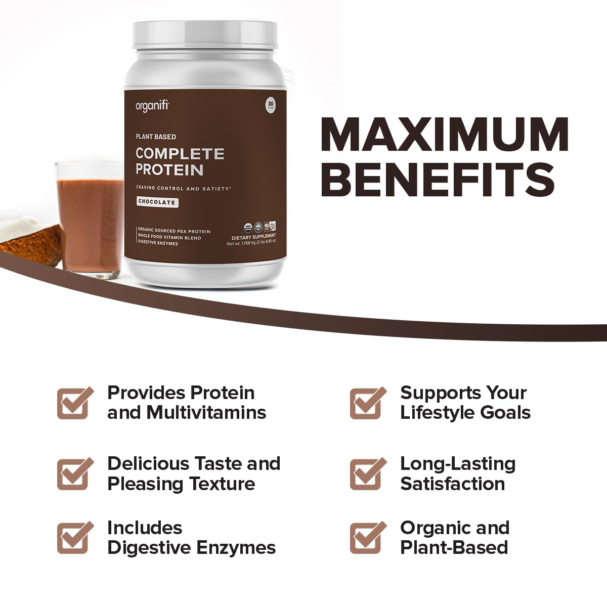 Organifi Complete Protein Chocolate Flavor - Organic Vegan Plant Based Protein Powder with Digestive Enzymes - 30 Day Supply - No Soy, Dairy, or Gluten