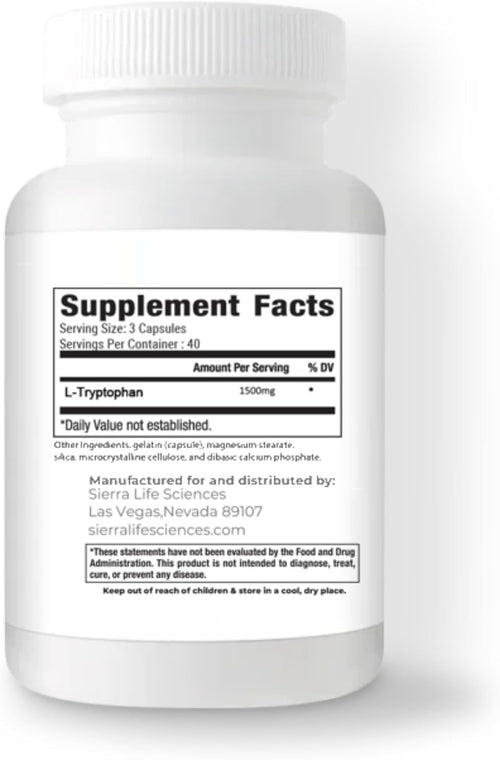 1500mg High Dose L-Tryptophan Max in Easy-to-Swallow Capsules | Gluten-Free, Non-GMO | 40 Servings (3-Pack)