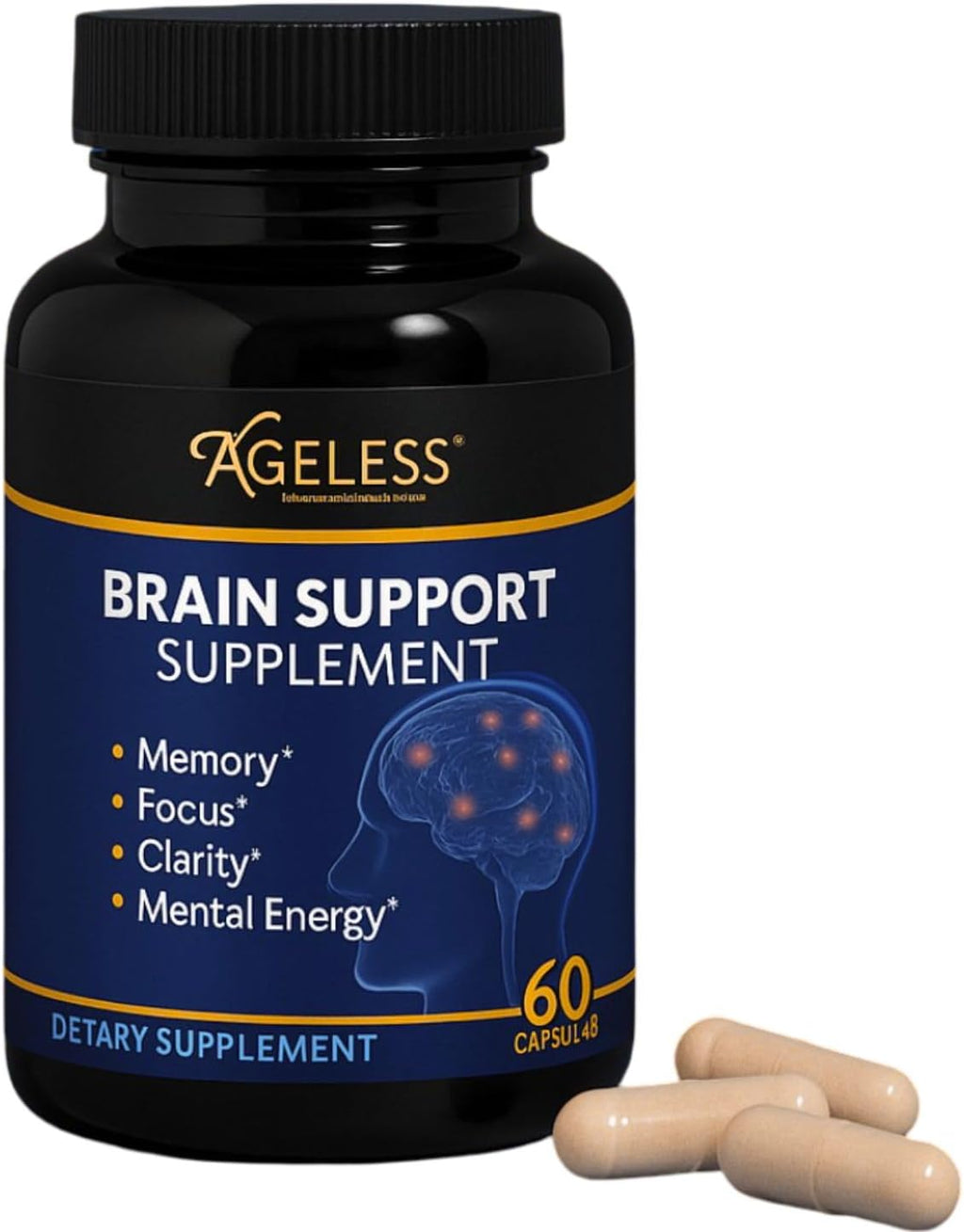 Ageless Brain Supplements for Memory and Focus & Cognitive Improvement | Nootropic Brain Supplement for Men & Women | Support Mental Clarity & Neuro Health | Including Vitamin B6, B12, 60 Capsules