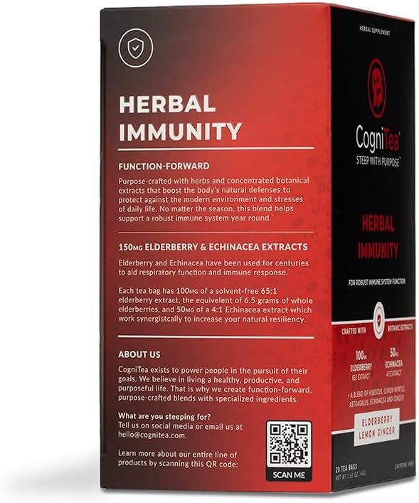 Herbal Immunity Tea - Immune System Booster - 100mg High- Potency Elderberry, 50mg Echinacea, Lemon, & Ginger Organic Herbal Tea Bags - Caffeine Free Immunity Boost