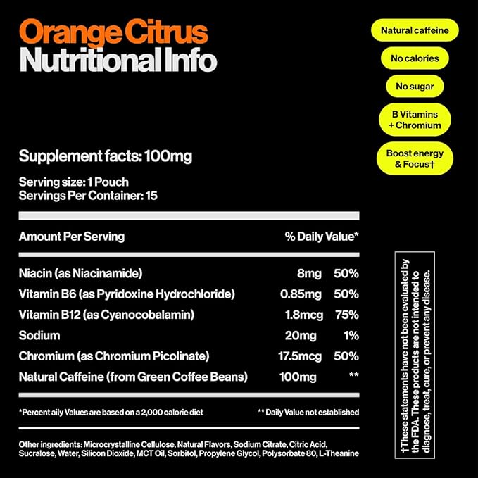Wip Energy Pouches | 100mg Natural Caffeine | Vitamins and Minerals | Orange Citrus | 15 Pouches Per Can | 1 Can