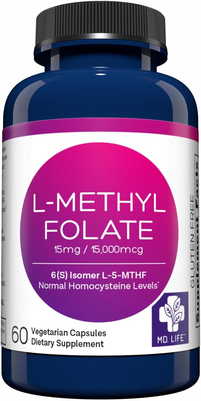 MD Life L Methylfolate 15 mg - Professional-Grade Active Methylfolate Supplement - Maximum Potency MTHFR Supplements - L-methylfolate 15 mg 60 Capsules - Essential Amino Acids