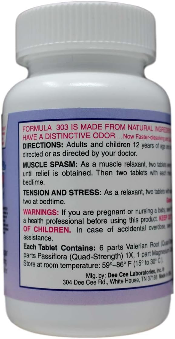 Dee CEE Labs Formula 303 Maximum Strength Tablets, 45 Tablets; All-Natural containing Magnesium for Sore Muscles, Passion Flower, and Valerian Root