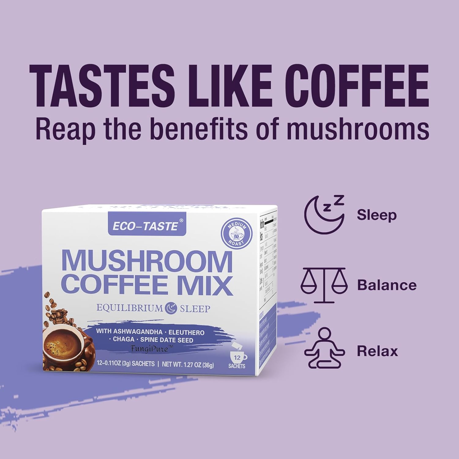 ECO-TASTE Mushroom Coffee Mix, Designed for Balance with Ashwagandha, Eleuthero, Chaga, Spine date seed – 12 Sachets