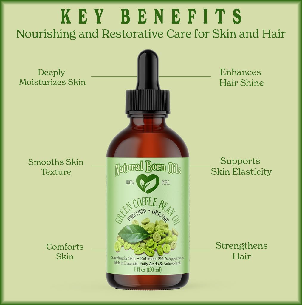 Natural Born Oils Green Coffee Bean Oil, 8oz, Organic, Cold-Pressed, Nutrient-Rich, Skin Elasticity Booster, Hair Nourisher