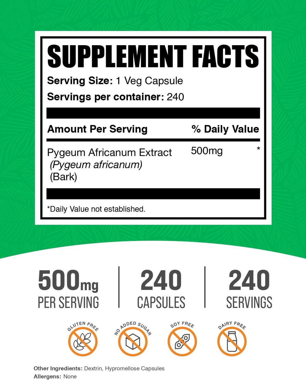 BulkSupplements.com Pygeum Africanum Extract Capsules - Herbal Supplement, from Pygeum Bark - Vegan & Gluten Free, 1 Capsule per Serving, 240 Veg Capsules (Pack of 1)