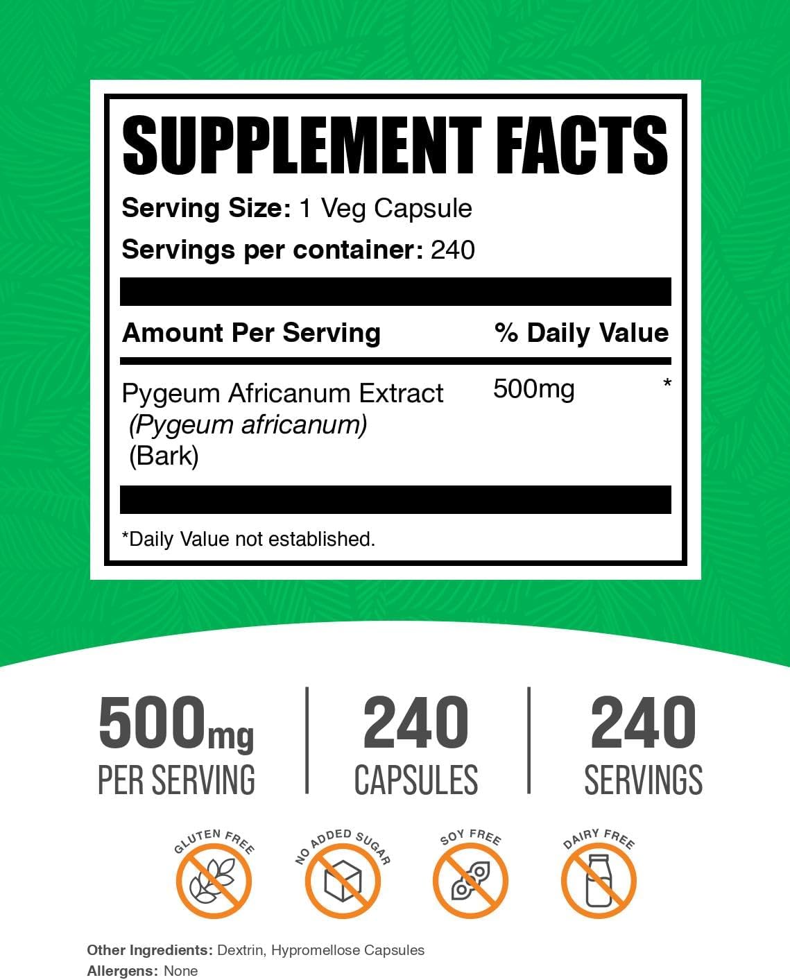 BulkSupplements.com Pygeum Africanum Extract Capsules - Herbal Supplement, from Pygeum Bark - Vegan & Gluten Free, 1 Capsule per Serving, 240 Veg Capsules (Pack of 1)