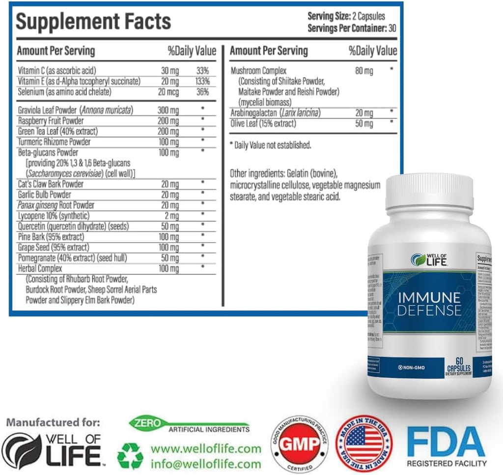 Immune Defense 600mg | 60 Veg Capsules. Enhance Immune Health with a Potent Blend of Graviola Leaf, Raspberry Fruit, Green Tea, Turmeric, Garlic. Boost Your Well-Being Naturally.