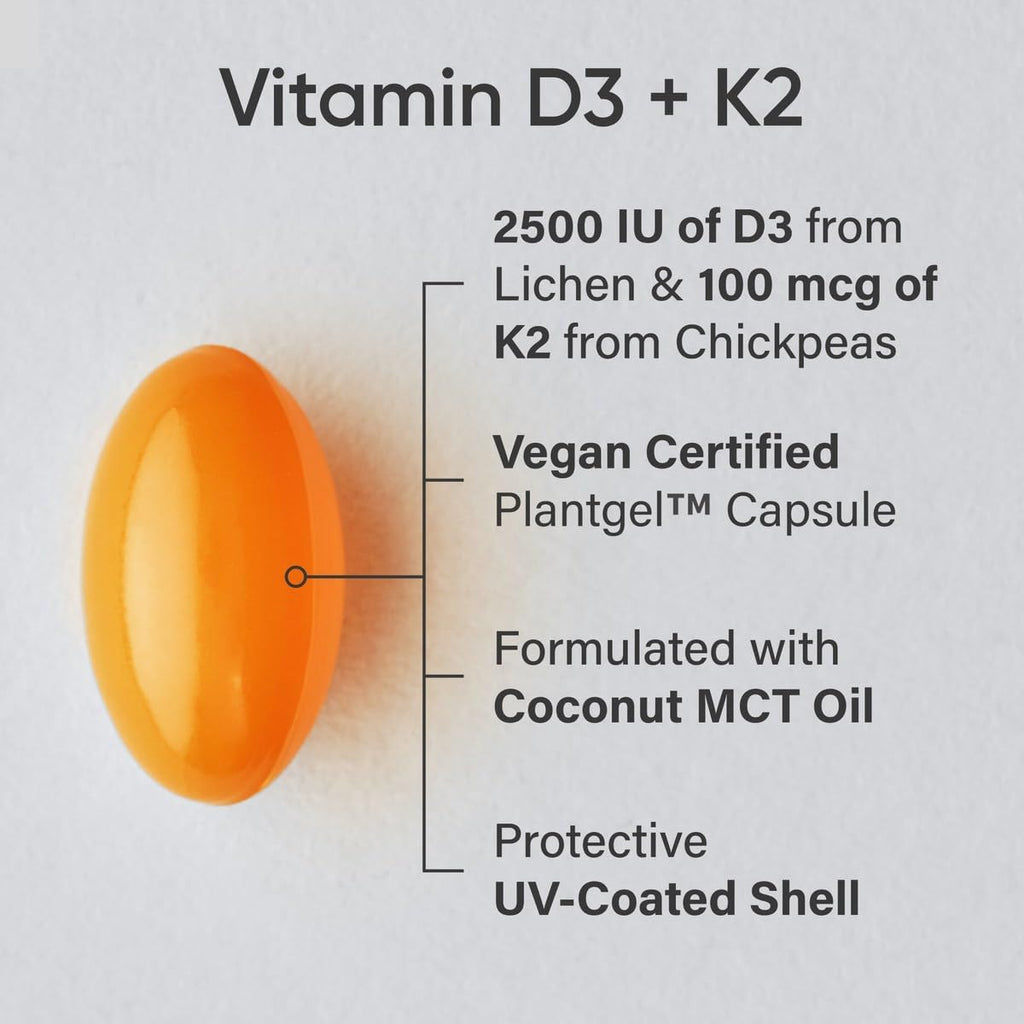 Sports Research® Vitamin D3 + K2 with Coconut MCT Oil | Vegan D3 2500iu (62.5mcg) & Plant Based Vitamin K2 Supplement | Vegan Certified, Soy & Gluten Free - 60 Softgels