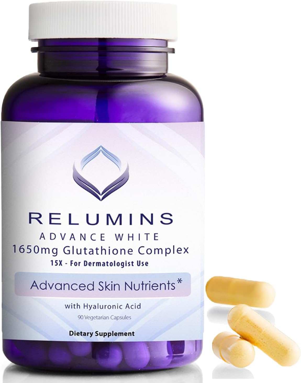 Relumins 1650mg L-Glutathione Complex with Hyaluronic Acid, Alpha Lipoic Acid, Rose HIPS, Vitamin E & Riboflavin – Antioxidant Support, Skin Hydration & Wellness – 90 Veggie Capsules