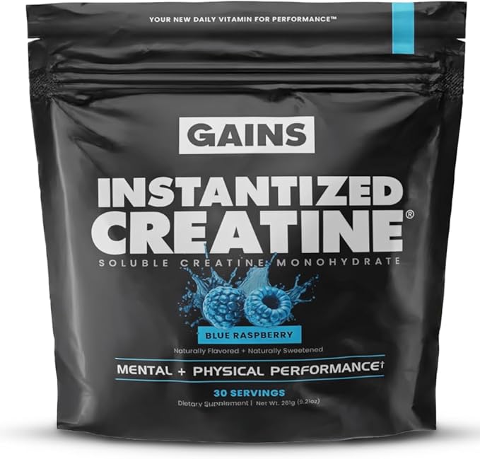 Gains in Bulk Instantized Creatine Monohydrate for Women and Men, Soluble Pre Workout Powder, Supports Muscle Building, Strength and Performance, Bodybuilding Supplements, Blue Raspberry, 30 Servings