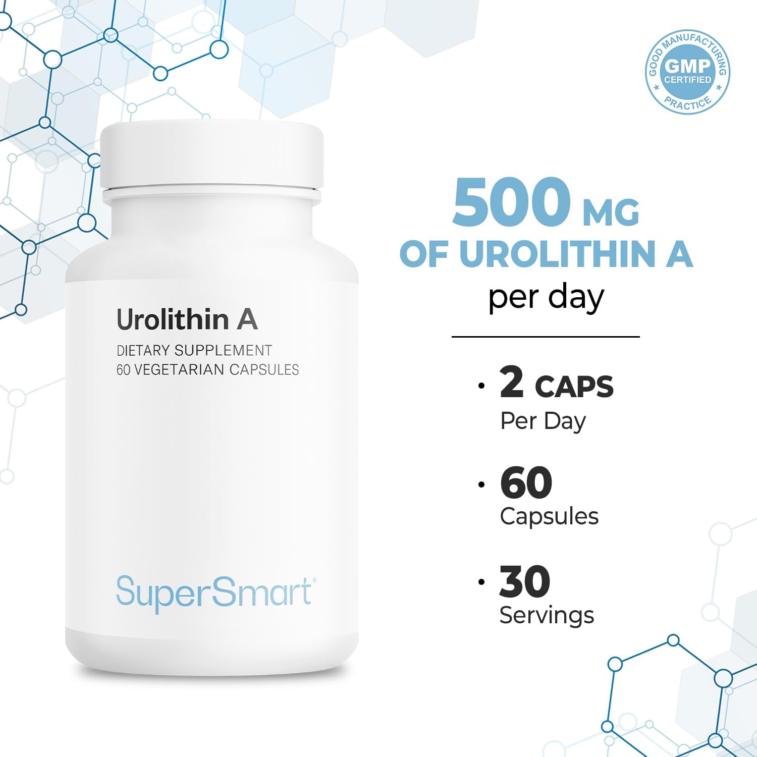 Supersmart Urolithin A - Advanced Mitochondrial & Cellular Renewal Supplement - Pomegranate Extract | Non-GMO & Gluten-Free - 60 Vegetarian Capsules