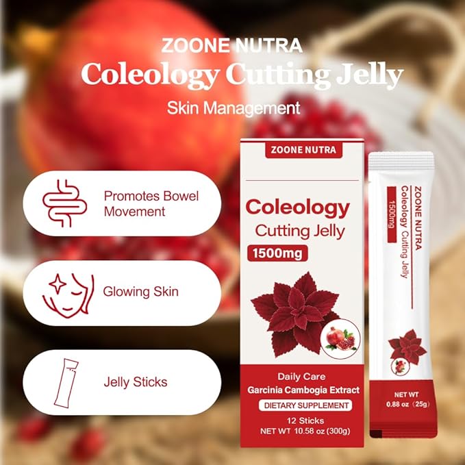 Coleology Cutting Jelly – Korean Jelly Stick for Weight Management, Helps Control Appetite & Supports Metabolism with Garcinia Cambogia HCA, Chia Seeds & Pomegranate Flavor – 12 Sticks
