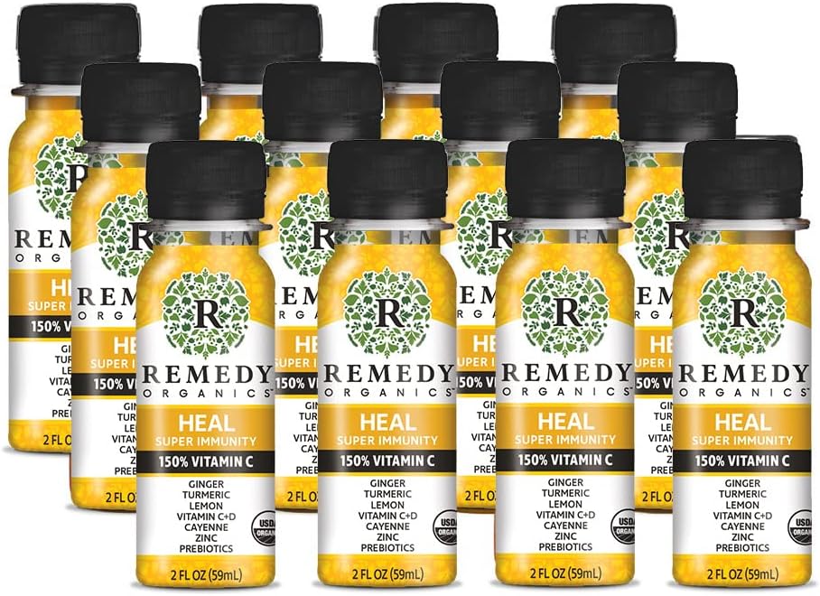 Remedy Organics Immunity Plus Shot, Heal 12-Pack | Boost Energy, Brain Function, Detoxification, and Metabolism | Certified-Organic Ingredients