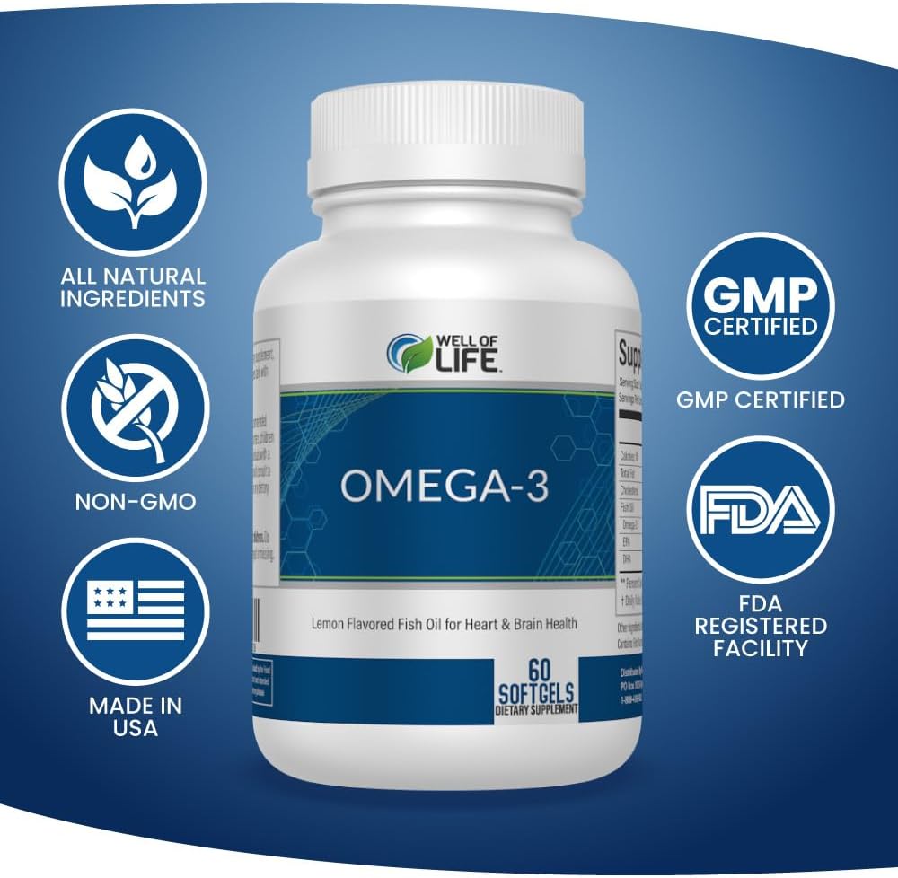 Well of Life Omega-3 Fish Oil – 60 Softgels | High EPA & DHA for Heart and Brain Health | Non-GMO, Premium Fish Oil Supplement | Made in USA, GMP Certified