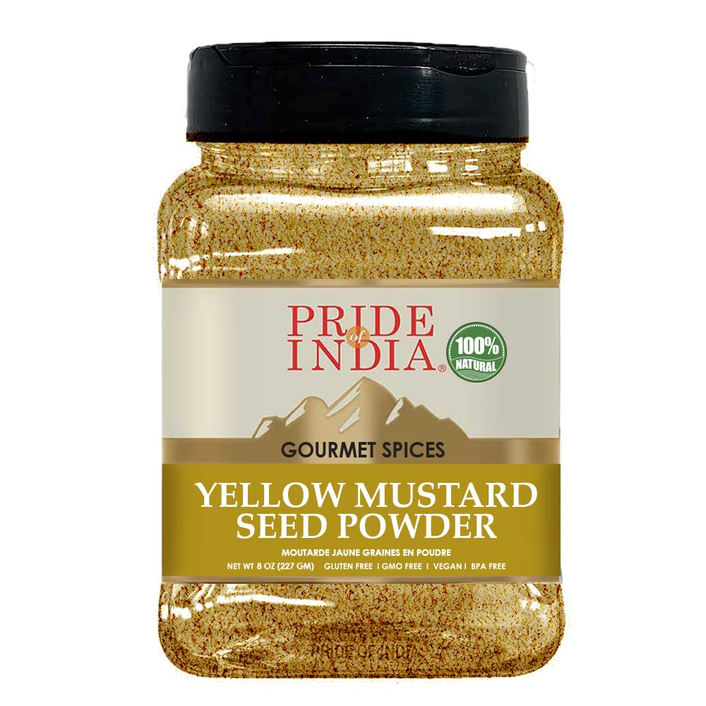 Pride Of India – Yellow Mustard Ground – Gourmet Spice - Ideal for Pickles/Mustard Dressing/Sauces/ Hotdogs – Preservatives & Additives Free – Easy to Store – 8oz. Medium Dual Sifter